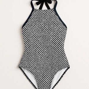 Nike high neck one piece swimsuit black and white and a touch of blue